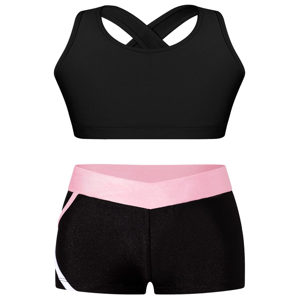 Hansber Kids Girls 2 Piece Dance Outfits Crop Top with Shorts Active Set for Gymnastics Dancing Swimming Black 6