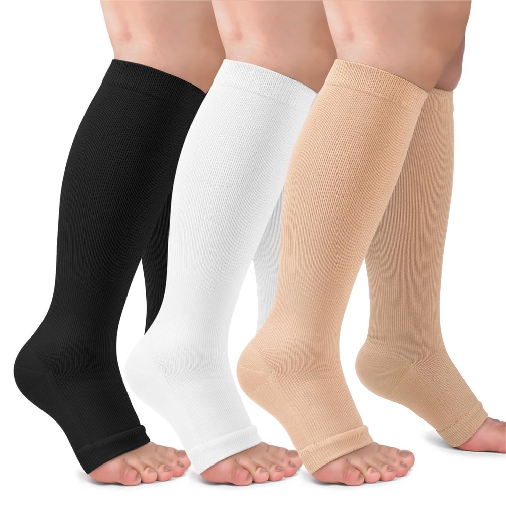 3 Pack Plus Size Open Toe Compression Socks for Women & Men Wide Calf, Toeless Knee High Stockings for Circulation Support, Black White Nude 4X-Large