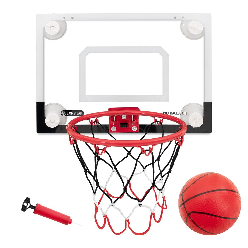 RUNBOW Indoor Mini Basketball Hoops Backboard with Powerful Suction Cups,Wall Mounted Door Basketball Hoops,Toys with Balls Gifts for Kids Boys Teens (43x30CM) (Black-White-1)