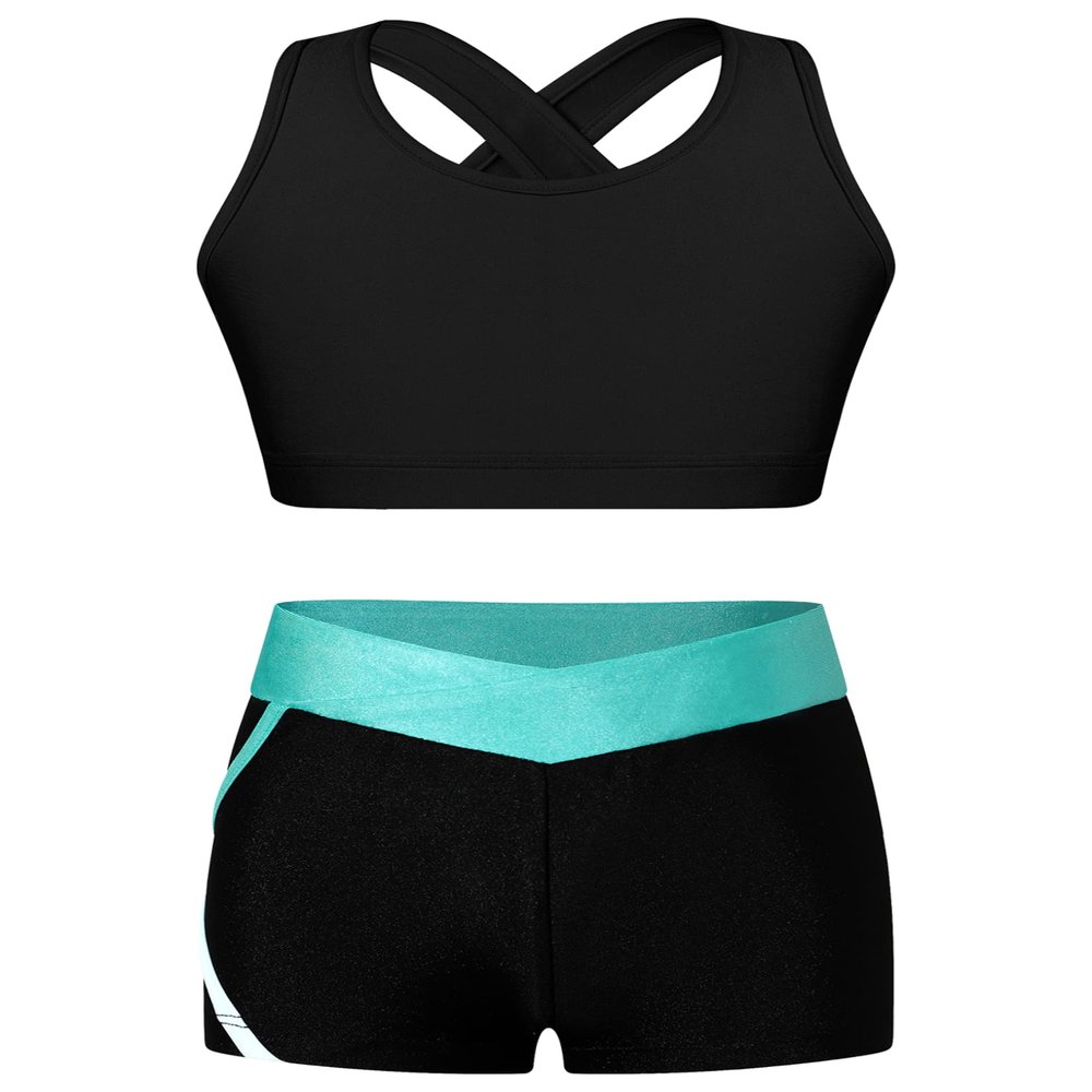 Hansber Kids Girls 2 Piece Dance Outfits Crop Top with Shorts Active Set for Gymnastics Dancing Swimming Cyan 4