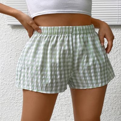 BFXLMKI Women's Shorts Gingham Print Elastic Waist Shorts (Color : Green, Size : Small)