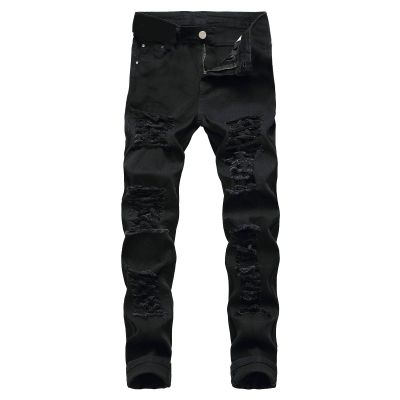 Men's Ripped Jeans Casual Stretch Button Zipper Pants with Pockets Relaxed Fit Denim Pants Boys Trendy Streetwear Jeans