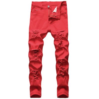 Men's Ripped Jeans Casual Stretch Button Zipper Pants with Pockets Relaxed Fit Denim Pants Boys Trendy Streetwear Jeans