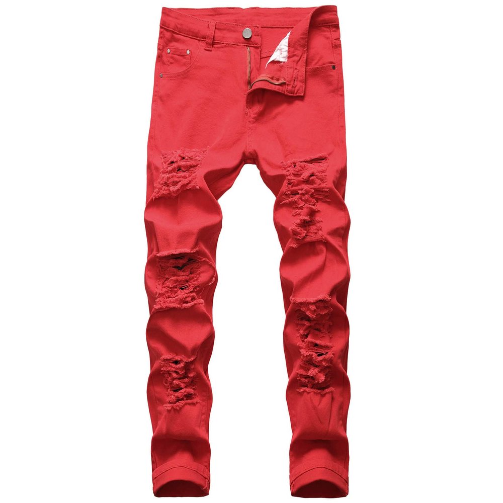 Men's Ripped Jeans Casual Stretch Button Zipper Pants with Pockets Relaxed Fit Denim Pants Boys Trendy Streetwear Jeans