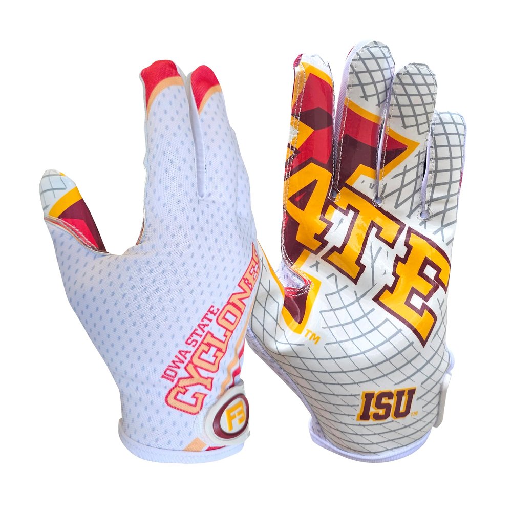 Scale Wear Design Iowa State University ISU Cyclones Football Gloves with Super Stick-Tach Silicone Grip Palms. Men's & Youth Boys Sticky Football Receiver Gloves (White, Adult-M)