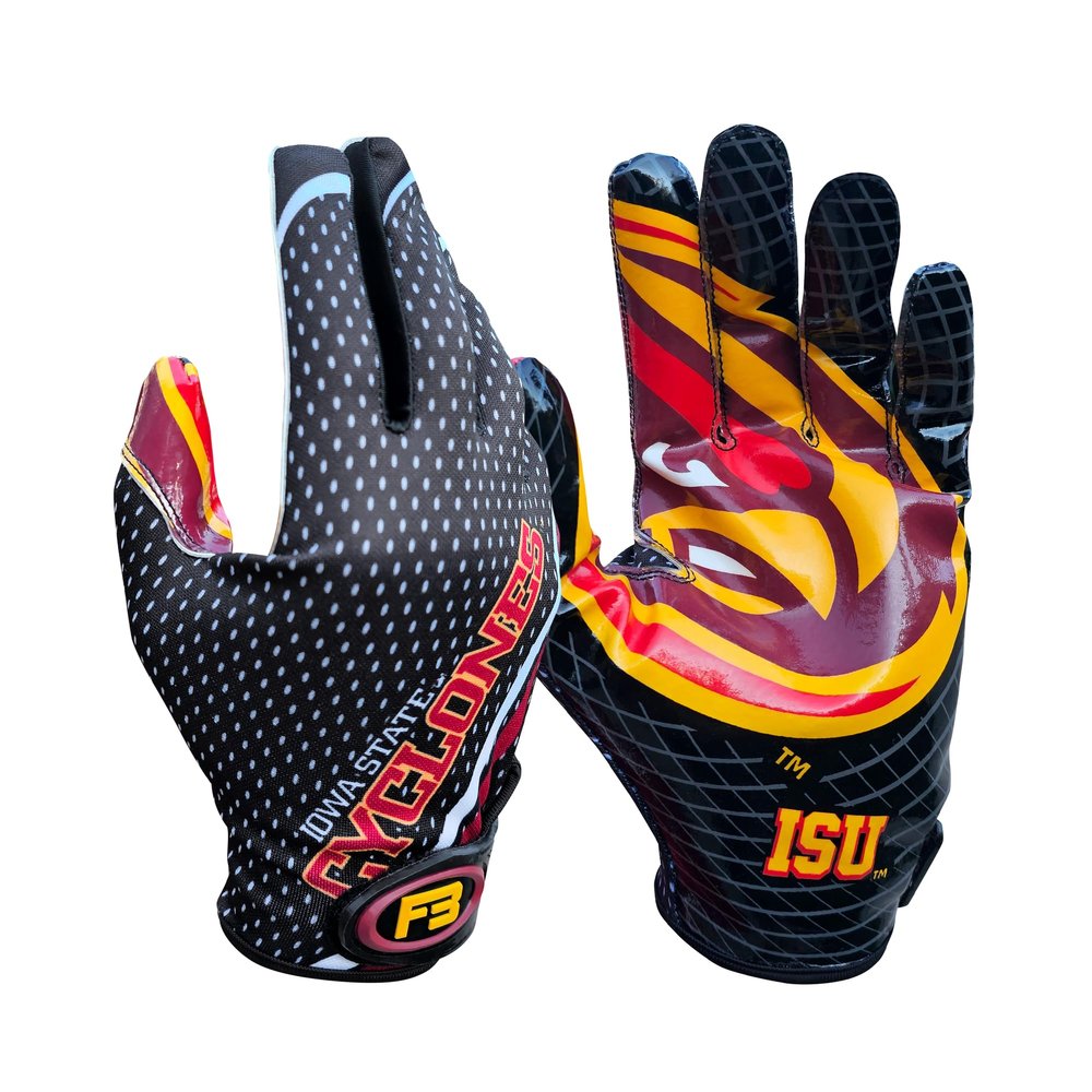 Scale Wear Design Iowa State University ISU Cyclones Football Gloves with Super Stick-Tach Silicone Grip Palms. Men's & Youth Boys Sticky Football Receiver Gloves (Black, Adult-XXL)