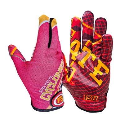 Scale Wear Design Iowa State University ISU Cyclones Football Gloves with Super Stick-Tach Silicone Grip Palms. Men's & Youth Boys Sticky Football Receiver Gloves (Red, Youth-L)