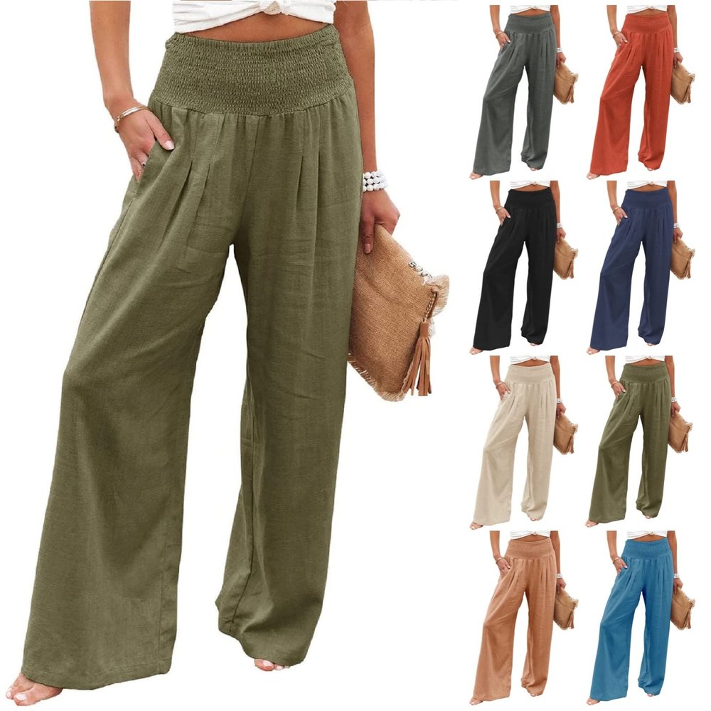 Canbebig Cotton Linen Pants for Women High Waist Wide Leg Pants Summer Casual Palazzo Baggy Lounge Trousers with Pockets Army Green