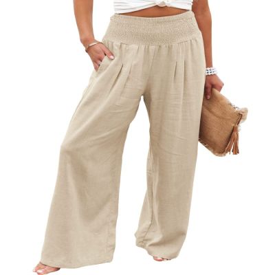 Canbebig Cotton Linen Pants for Women High Waist Wide Leg Pants Summer Casual Palazzo Baggy Lounge Trousers with Pockets Beige