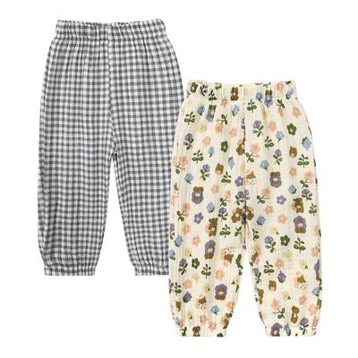 MYGBCPJS Baby Boy Girl 2 Pack Cotton Linen Pants Toddler Floral Graphic Printed Long Bloomers Ankle Length Jogger Trousers