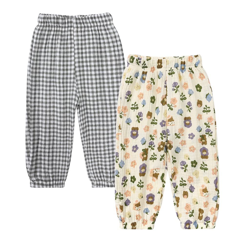 MYGBCPJS Baby Boy Girl 2 Pack Cotton Linen Pants Toddler Floral Graphic Printed Long Bloomers Ankle Length Jogger Trousers