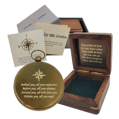 Engravable Antique Brass Pocket Compass with Gift Box | Solid Brass Compass with Optional Hardwood Storage Box and Custom Engraved Plaque for Keepsake or Gift (Graduation - Behind You)