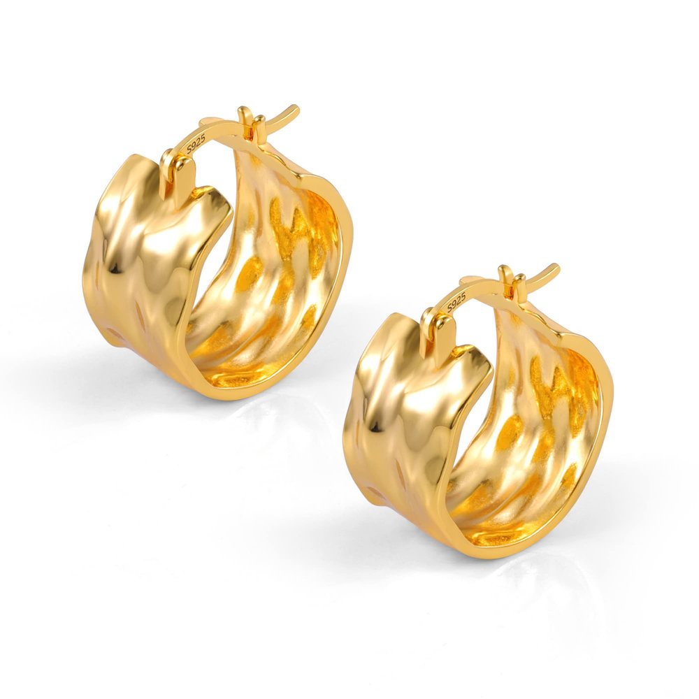 14K Gold Small Chunky Hoop Earrings Hypoallergenic Hammered 925 Sterling Silver Post Hoop Earrings for Women Wide Hoops Earring