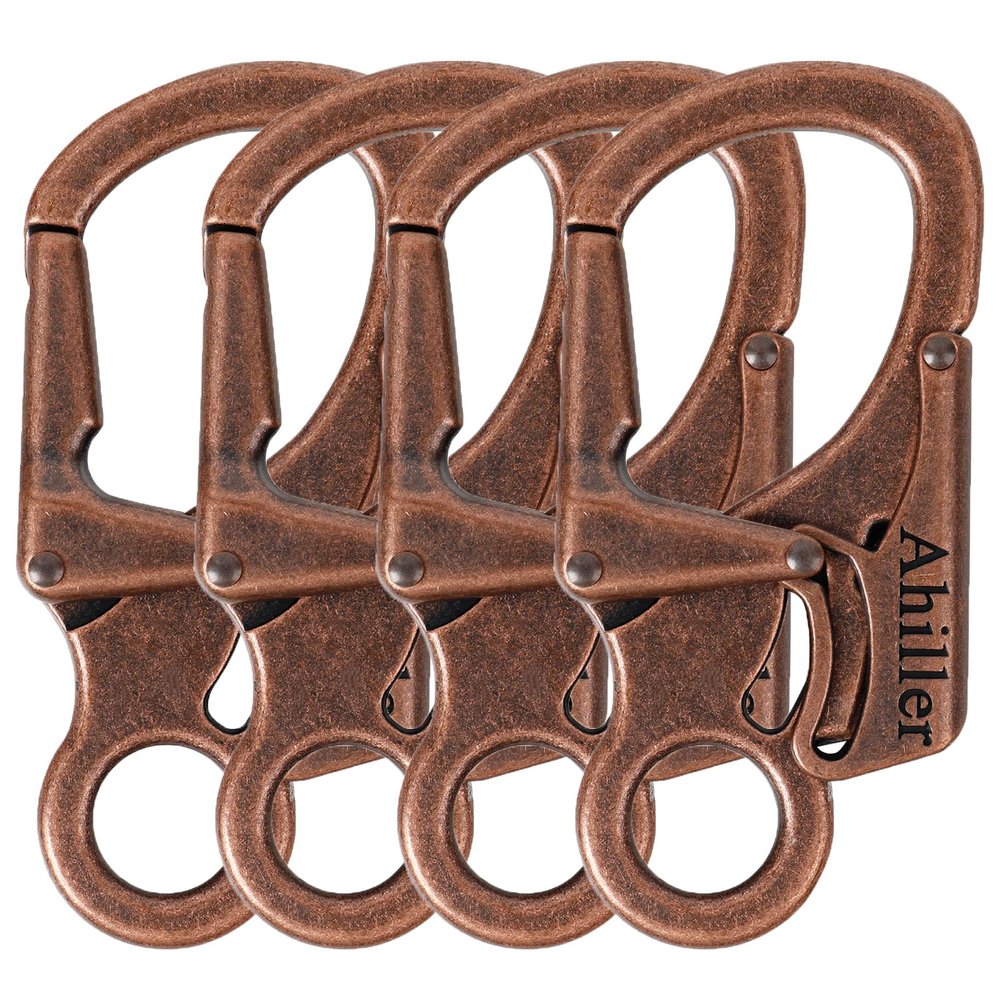 Ahiller Carabiner Clip, Double Anti-Misopening Locking Design, 3" Zinc Alloy Heavy Keychain for Outdoor Camping Hiking, Key Ring Clip (Red Brass-4P)
