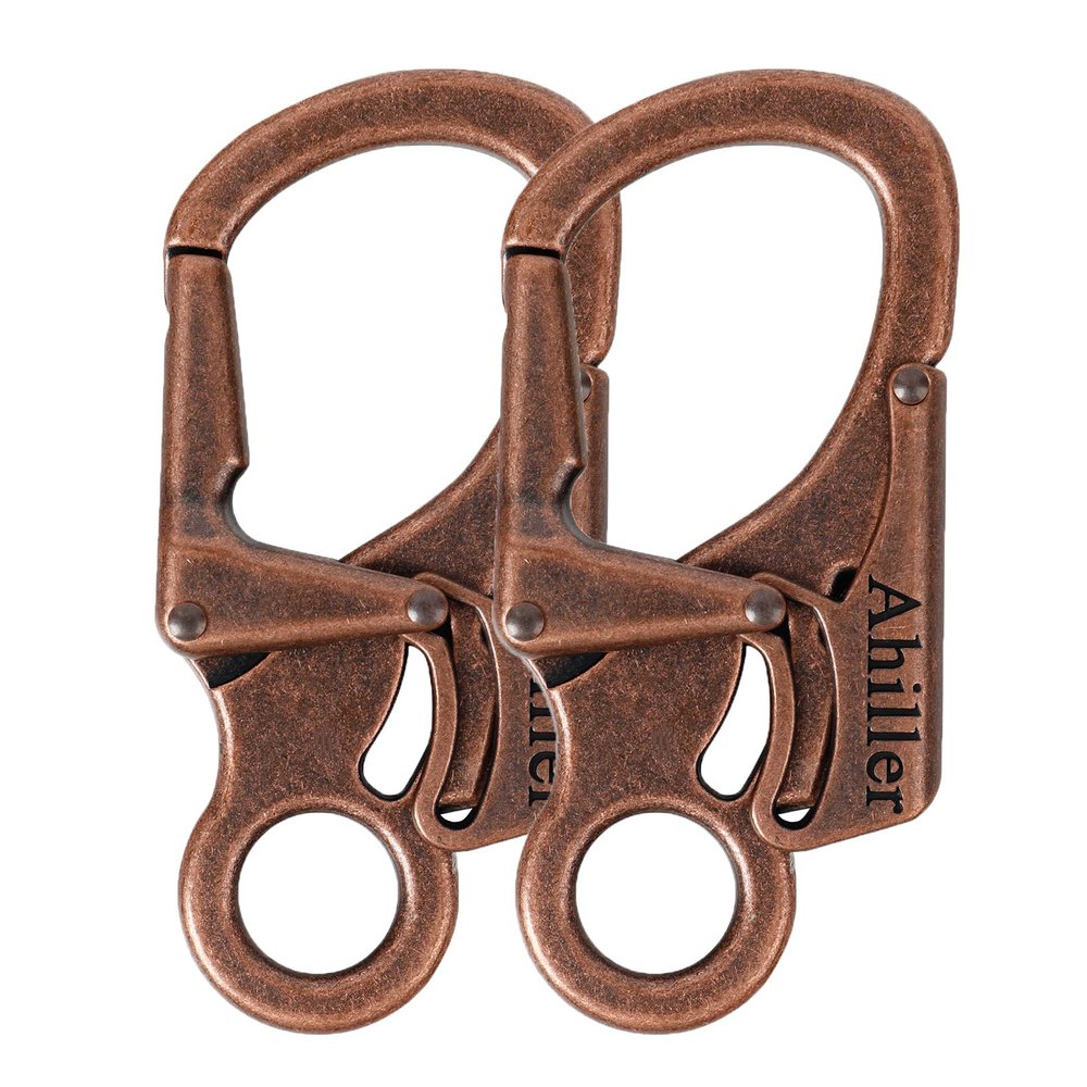 Ahiller Carabiner Clip, Double Anti-Misopening Locking Design, 3" Zinc Alloy Heavy Keychain for Outdoor Camping Hiking, Key Ring Clip (Red Brass-2P)