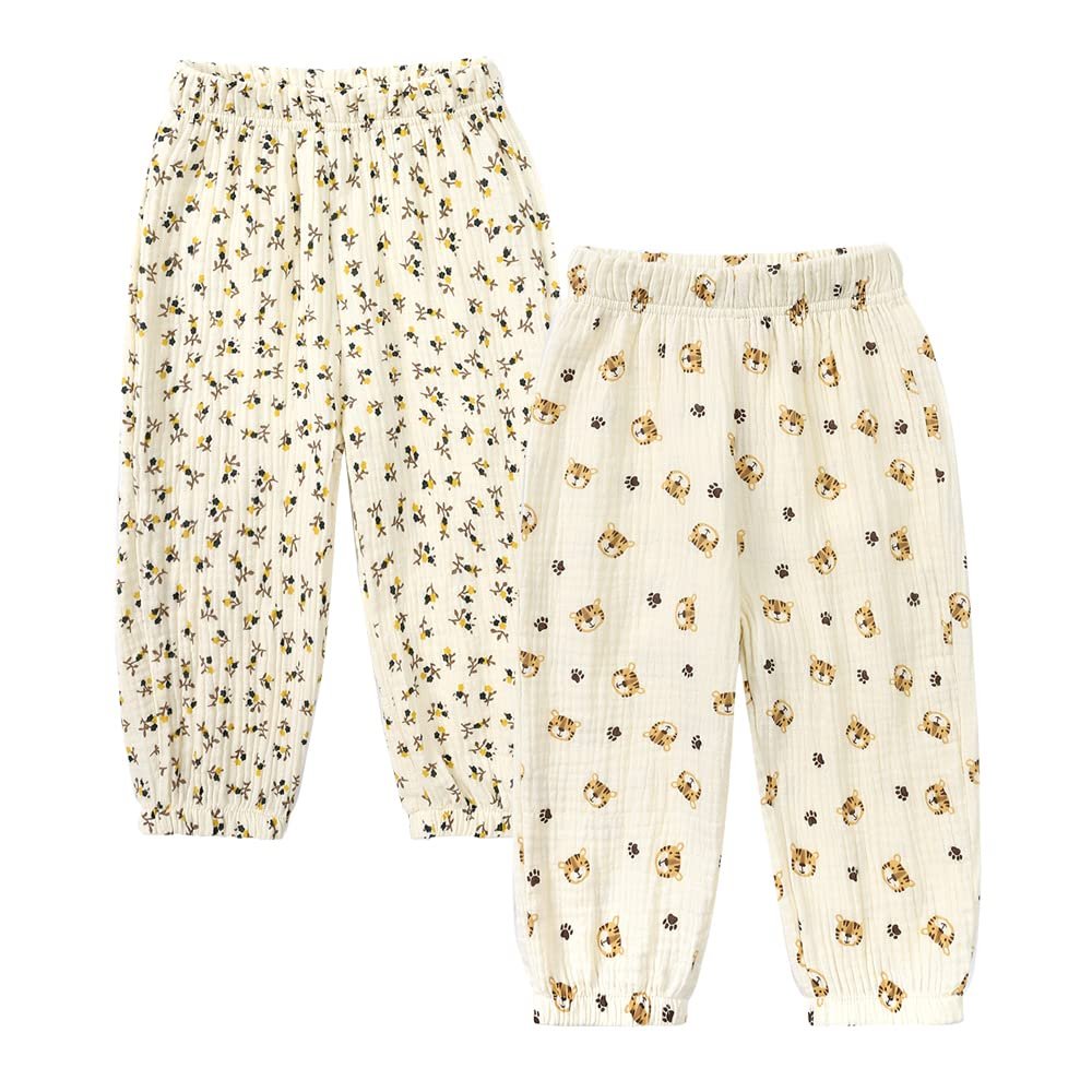 MYGBCPJS Baby Boy Girl 2 Pack Cotton Linen Pants Toddler Floral Graphic Printed Long Bloomers Ankle Length Jogger Trousers