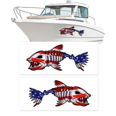 11" W x 28" L Large Size Boat Skeleton Fish Decals - Marine American Flag Fishing Decal Shark Bone Decoration Stickers Graphics Accessories for Ship Canoe Kayak Car RV SUV, Left & Right, 2 Pcs