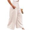 Canbebig Cotton Linen Pants for Women High Waist Wide Leg Pants Summer Casual Palazzo Baggy Lounge Trousers with Pockets White view 4