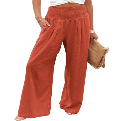 Canbebig Cotton Linen Pants for Women High Waist Wide Leg Pants Summer Casual Palazzo Baggy Lounge Trousers with Pockets Orange