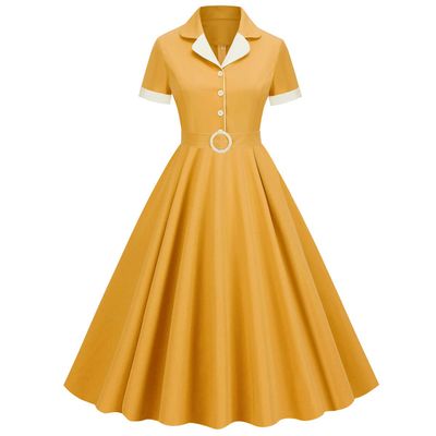 50s Dresses for Women 1950s 1940s Vintage Hepburn Short Sleeve Peter Pan Collar Rockabilly Retro Swing A Line Midi Summer Skater Tea Dress Cocktail Party Evening Prom Gown Plus Size Ginger Yellow S