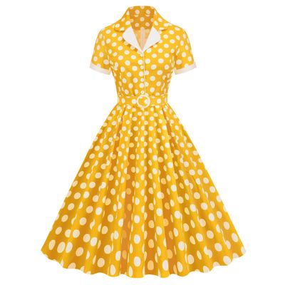 50s Style Dresses for Women Vintage Polka Dot Dress for Women Short Sleeve A Line Swing Dresses Midi Prom Dress for Tea Party Evening Audrey Hepburn Dress for Cocktail Casual Yellow White Dots M