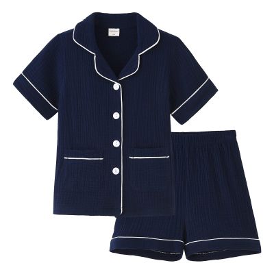 ACESTAR Toddler Girls Boys Button Down Pajamas Set Summer Short Sleeve 2 Pcs Pjs Set Kids Cotton Sleepwear for Daily, Navy Blue, Size 6T