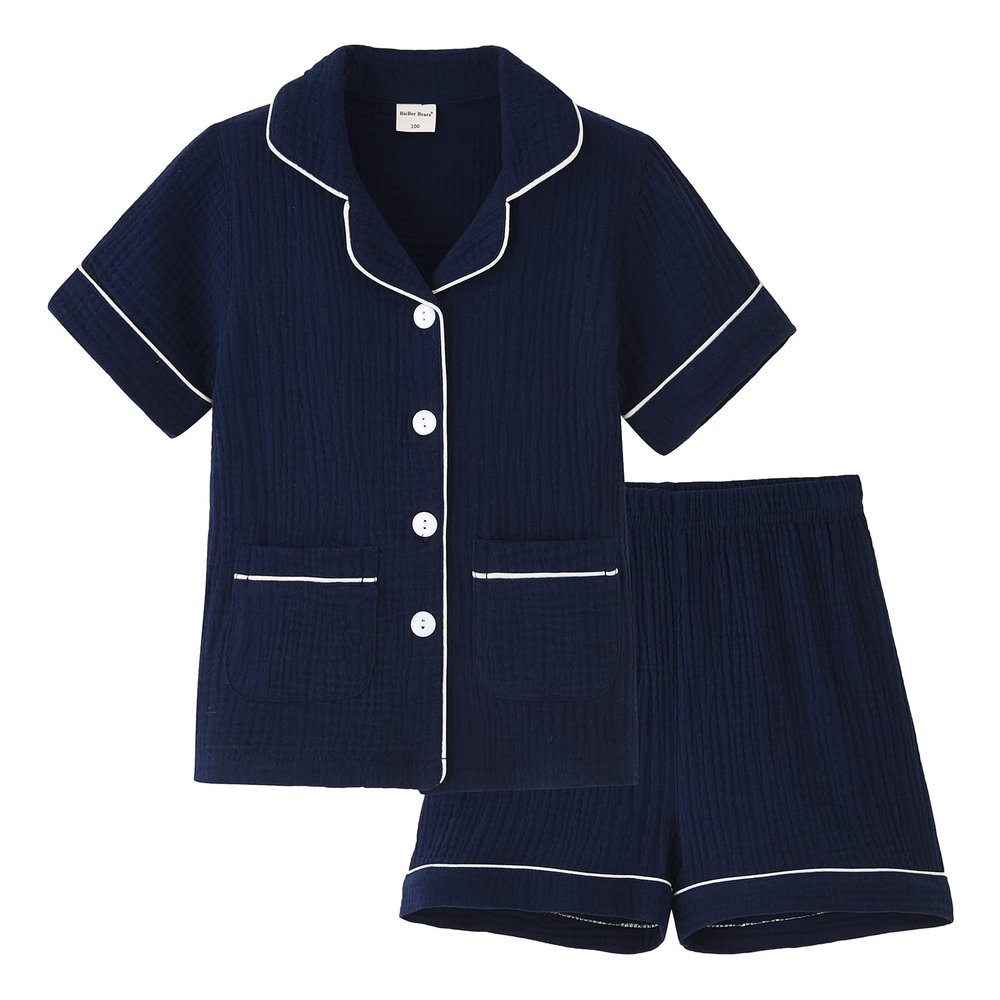 ACESTAR Toddler Girls Boys Button Down Pajamas Set Summer Short Sleeve 2 Pcs Pjs Set Kids Cotton Sleepwear for Daily, Navy Blue, Size 6T
