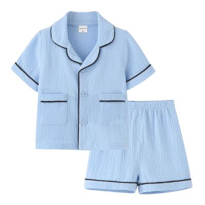 ACESTAR Toddler Girls Boys Button Down Pajamas Set Summer Short Sleeve 2 Pcs Pjs Set Kids Cotton Sleepwear for Daily, Light Blue, Size 5T