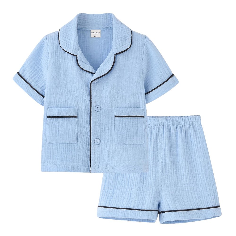 ACESTAR Toddler Girls Boys Button Down Pajamas Set Summer Short Sleeve 2 Pcs Pjs Set Kids Cotton Sleepwear for Daily, Light Blue, Size 5T