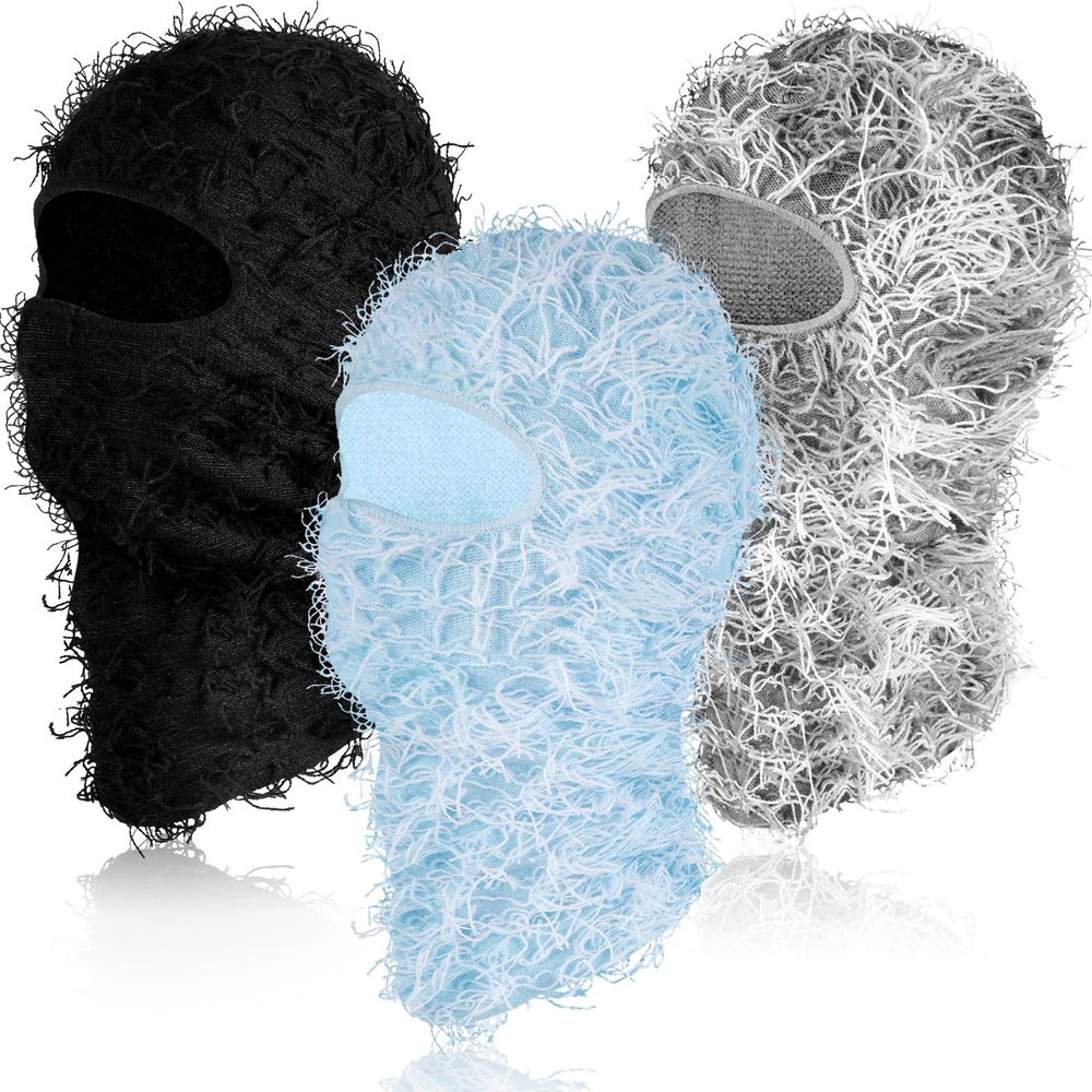 Newcotte 3 Pcs Distressed Balaclava Full Face Ski Mask Cool Knitted Yeat Balaclava Windproof Mask for Men Women Cold Weather(Black, Ice Blue, Gray White Camo)