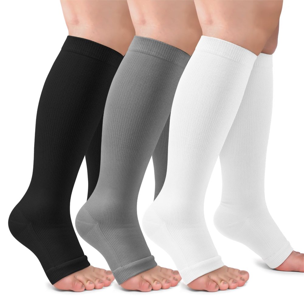 3 Pack Plus Size Open Toe Compression Socks for Women & Men Wide Calf, Toeless Knee High Stockings for Circulation Support, Black White Gray XX-Large