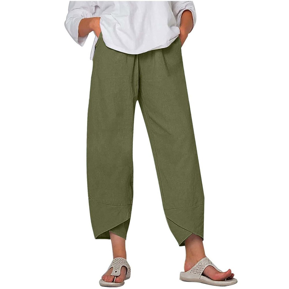 LIUguoo 2024 Summer Pants for Women Casual Pockets Cotton Linen Wide Leg Drawstring Elastic Waist Capris Crop Pants Slacks