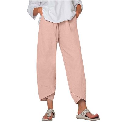 LIUguoo 2024 Summer Pants for Women Casual Pockets Cotton Linen Wide Leg Drawstring Elastic Waist Capris Crop Pants Slacks