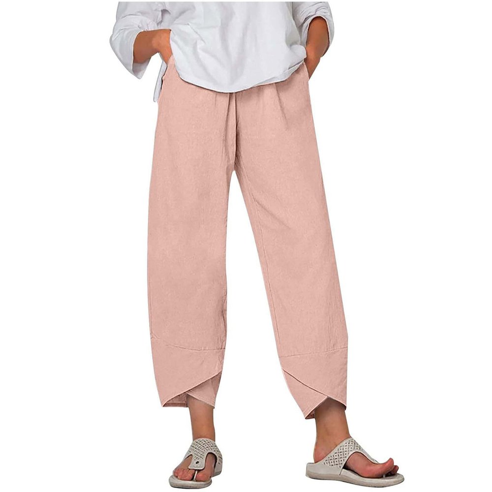 LIUguoo 2024 Summer Pants for Women Casual Pockets Cotton Linen Wide Leg Drawstring Elastic Waist Capris Crop Pants Slacks