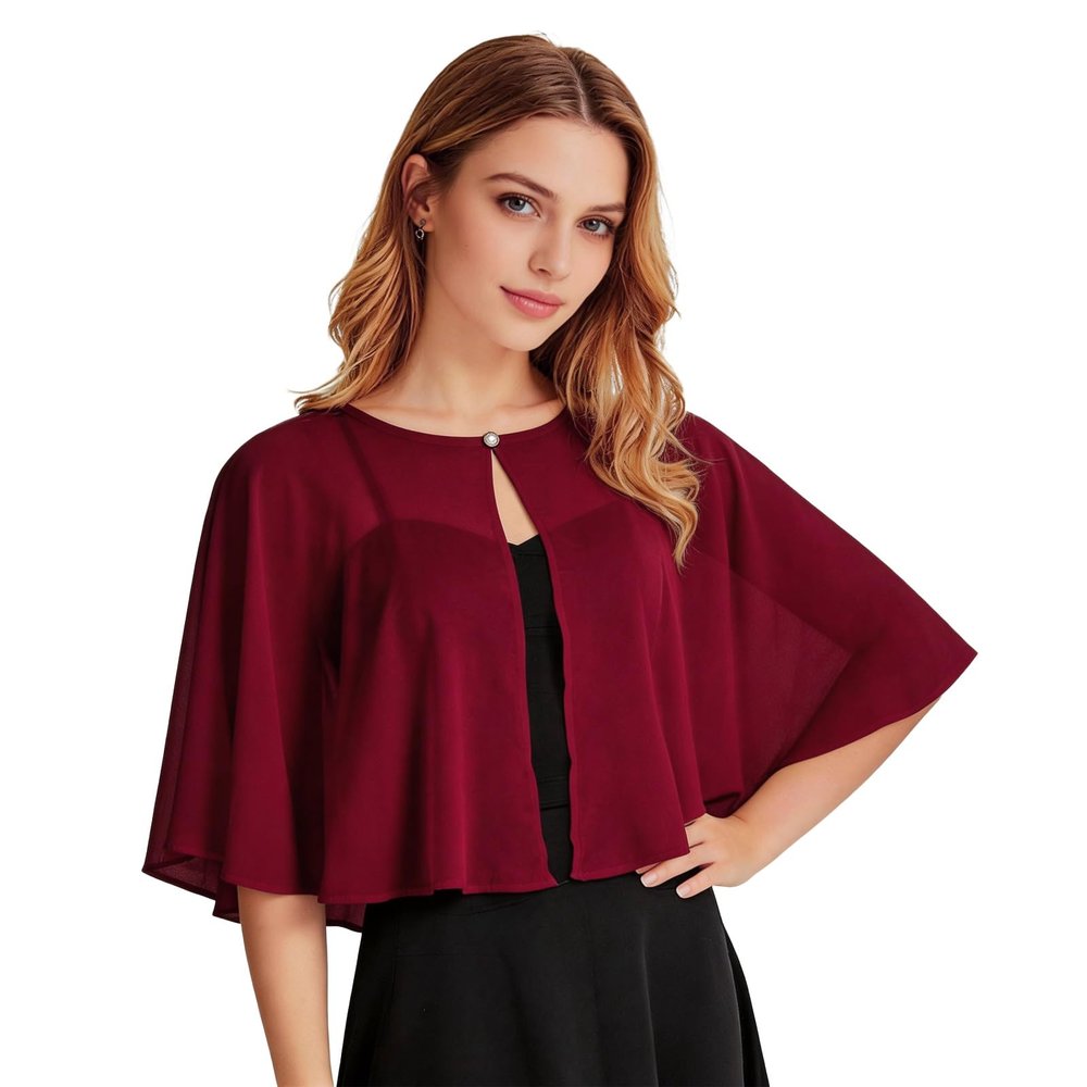 Ciormis Burgundy Chiffon Capelets for Women, Soft Sheer Shawl and Wraps Shrug for Evening Wedding Dresses (US-DP-Burgundy)