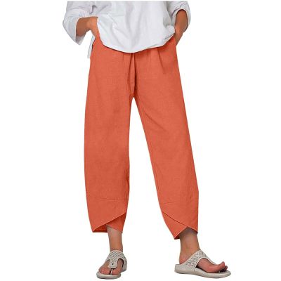 LIUguoo 2024 Summer Pants for Women Casual Pockets Cotton Linen Wide Leg Drawstring Elastic Waist Capris Crop Pants Slacks