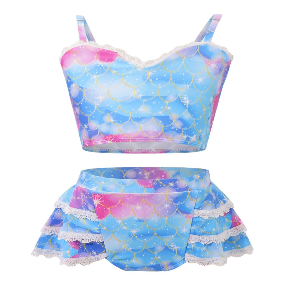Yartina Toddler Baby Girls Two Pieces Swimsuit Crop Tank Top with Briefs Summer Swimwear Lace Bikini Set Blue 18-24 Months