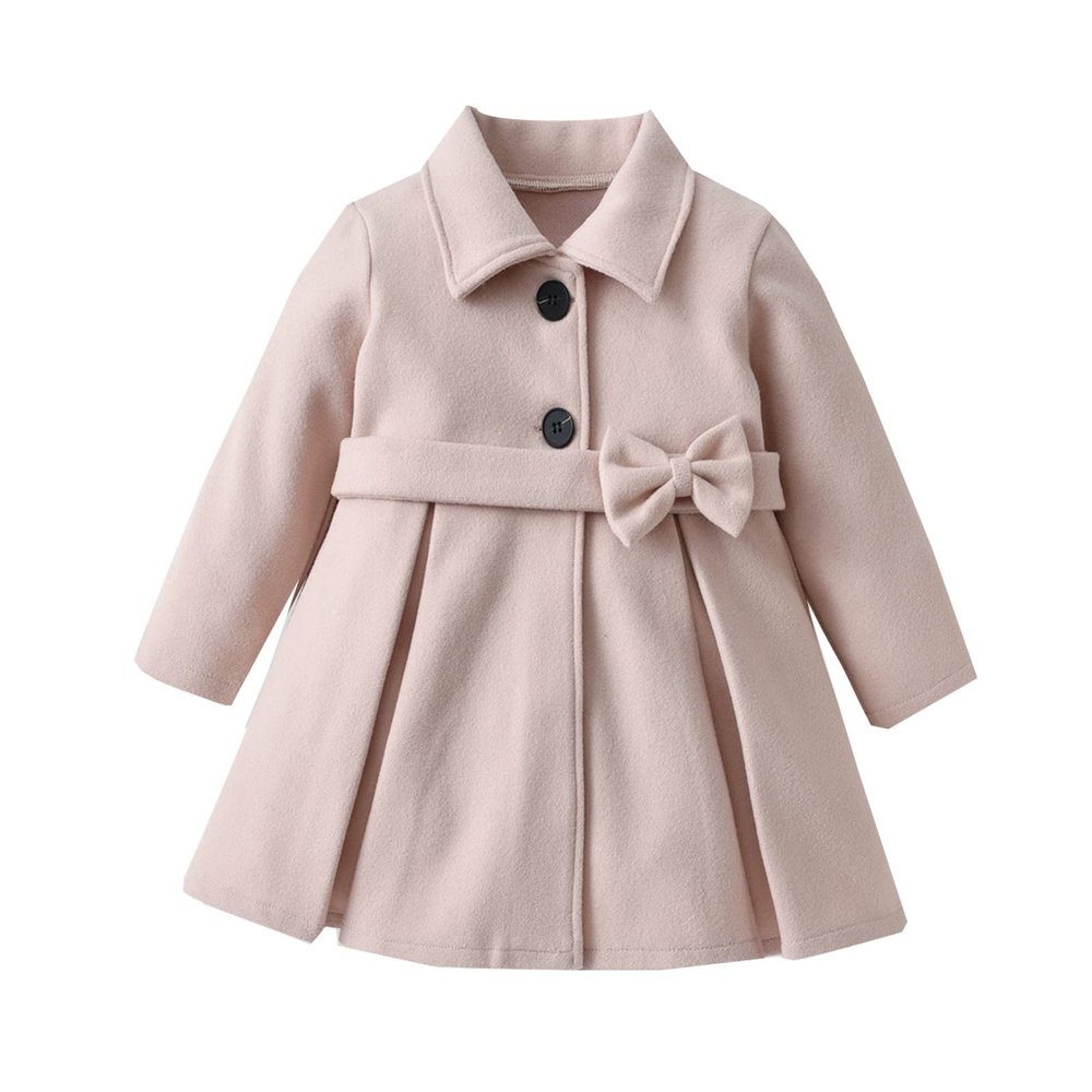 Ikevan 1 to 7 Years Toddler Girls Winter Long Sleeve Warm Woollen Coat Jacket Solid Color Bow Tie For (1-A#ty, 12-18 Months)