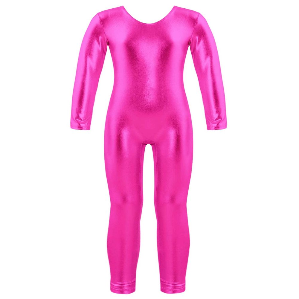 TiaoBug Kids Girls Shiny Metallic Long Sleeve Full Body Dance Gymnastics Leotard One Piece Jumpsuit Bodysuit Unitard Hot Pink 10 Years