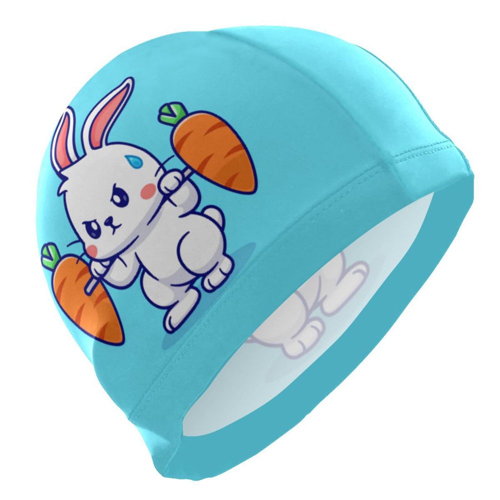 Dallonan Swimming Cap Rabbit Lifting Carrots Barbell Unisex Adult Swim Cap Polyester