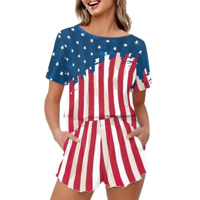 Coloranimal 4th of July Independence Day Memorial Day USA American United States Patriotic Pajamas Set for Women Plus Size Two Piece Soft Pjs Outfit Set Summer Short Sleeve Top and Shorts 3XL