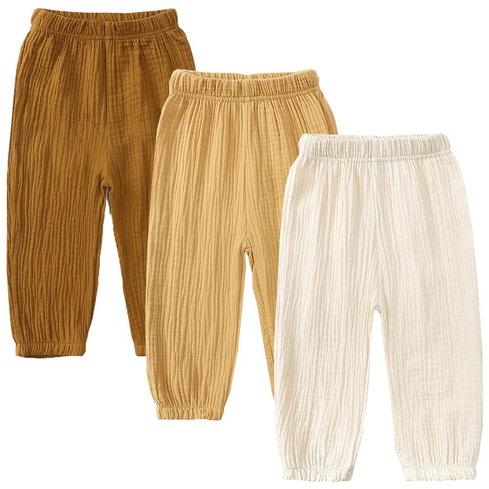 GFQLONG 3 Pack Toddler Boy Girl Casual Basic Plain Soft Trousers Baby Summer Fall Comfy Cotton Linen Bloomers Pants,3pc-Yellow,4-5T