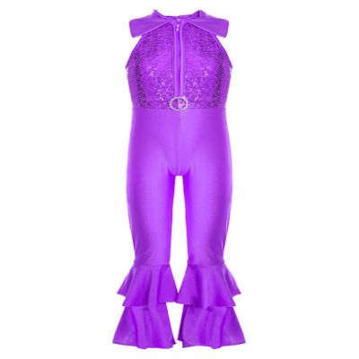 Shinsto Kids Girls Metallic Shiny Gymnastics Leotard Bell-bottom Full Body Bodysuit Ballet Jazz Dance Costume Purple 8 Years