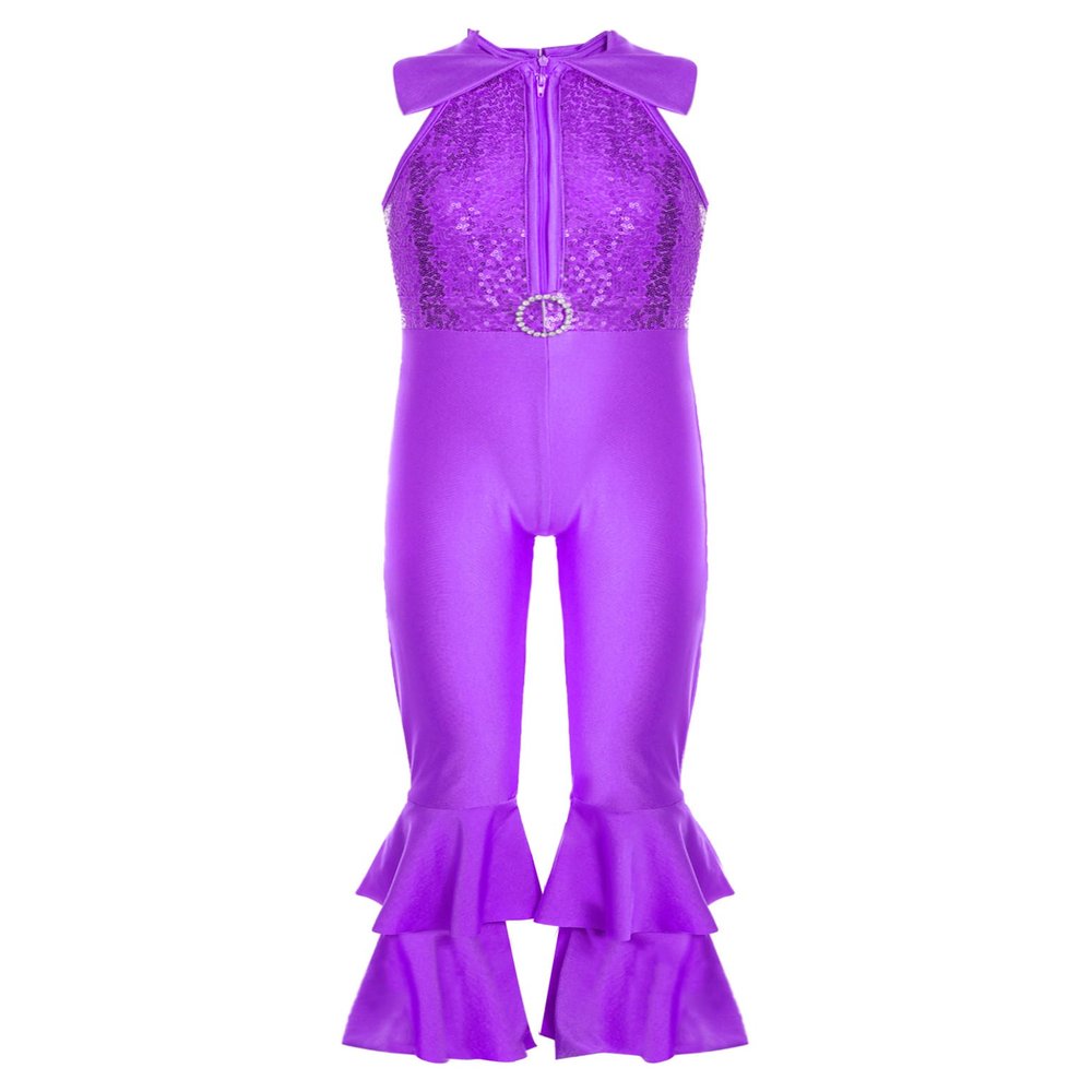 Shinsto Kids Girls Metallic Shiny Gymnastics Leotard Bell-bottom Full Body Bodysuit Ballet Jazz Dance Costume Purple 8 Years