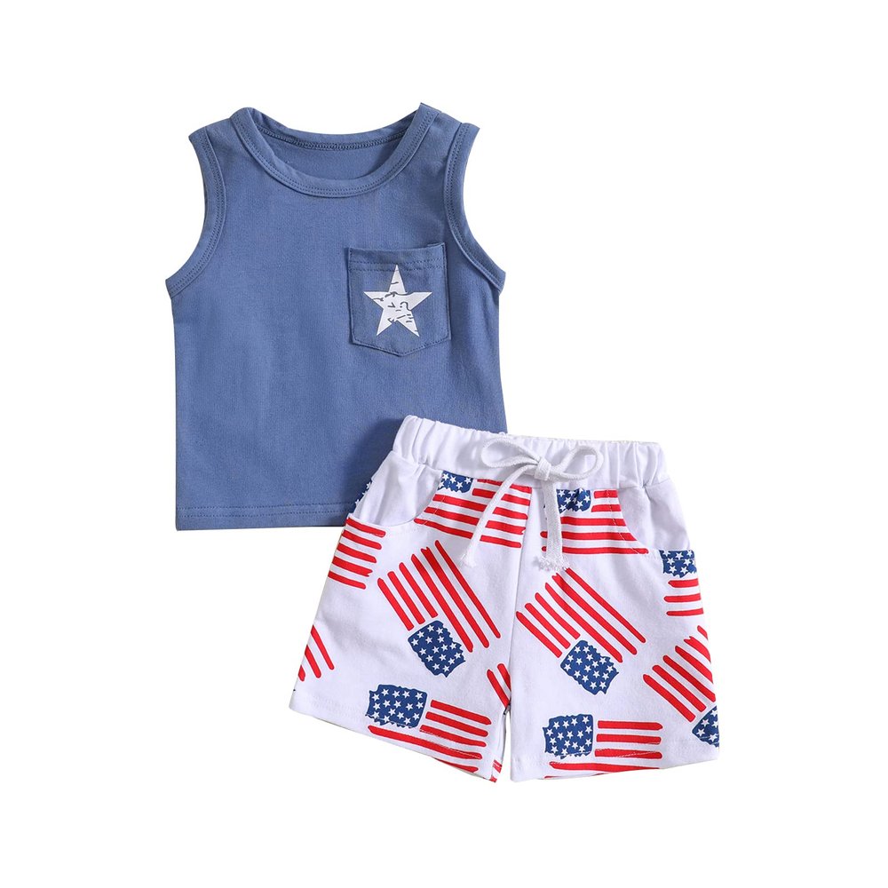 4th of July Toddler Boys Clothes Set Letter Print Tank Top Stars and Stripes Print Shorts Kids Boys Summer 2pcs (Blue-2,6-12 Months)