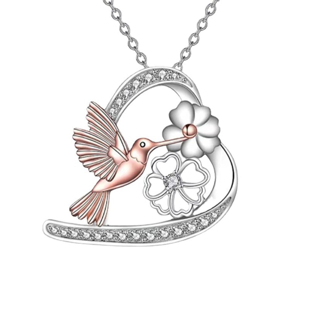 Lady Hummingbird Heart Necklaces Summer Daisy Bird Pendant Necklace Flower Inlaid Zircon Chain Necklace Jewelry (A, One Size)