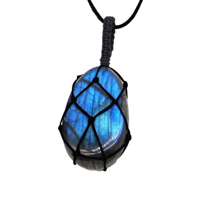 Lady Natural Labradorite Crystal Necklace for Womens Hand Woven Rope Gem Stones Pendant Necklace Vintage Jewelry (Blue, One Size)