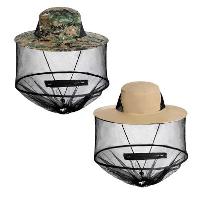 Sucrain 2 Pack Mosquito Head Net Hat Sun Hat Garden Bug Hat with Hidden Net Mesh for Outdoor Gardening (Green Digital Camo+Beige)