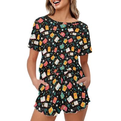 Coloranimal Women's Colorful Book Lovers Printed Casual Pajamas Set 2 Piece Short Sleeve Casual Sleepwear Top and Shorts Fashion Short Sleeve Tshirts Pjs Lounge Sets XL