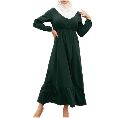Lmdudan Women Muslim Abayas Dresses Ladies Islamic Full Length Dress Casual Long Sleeve Dubai Dress Solid Prayer Clothing